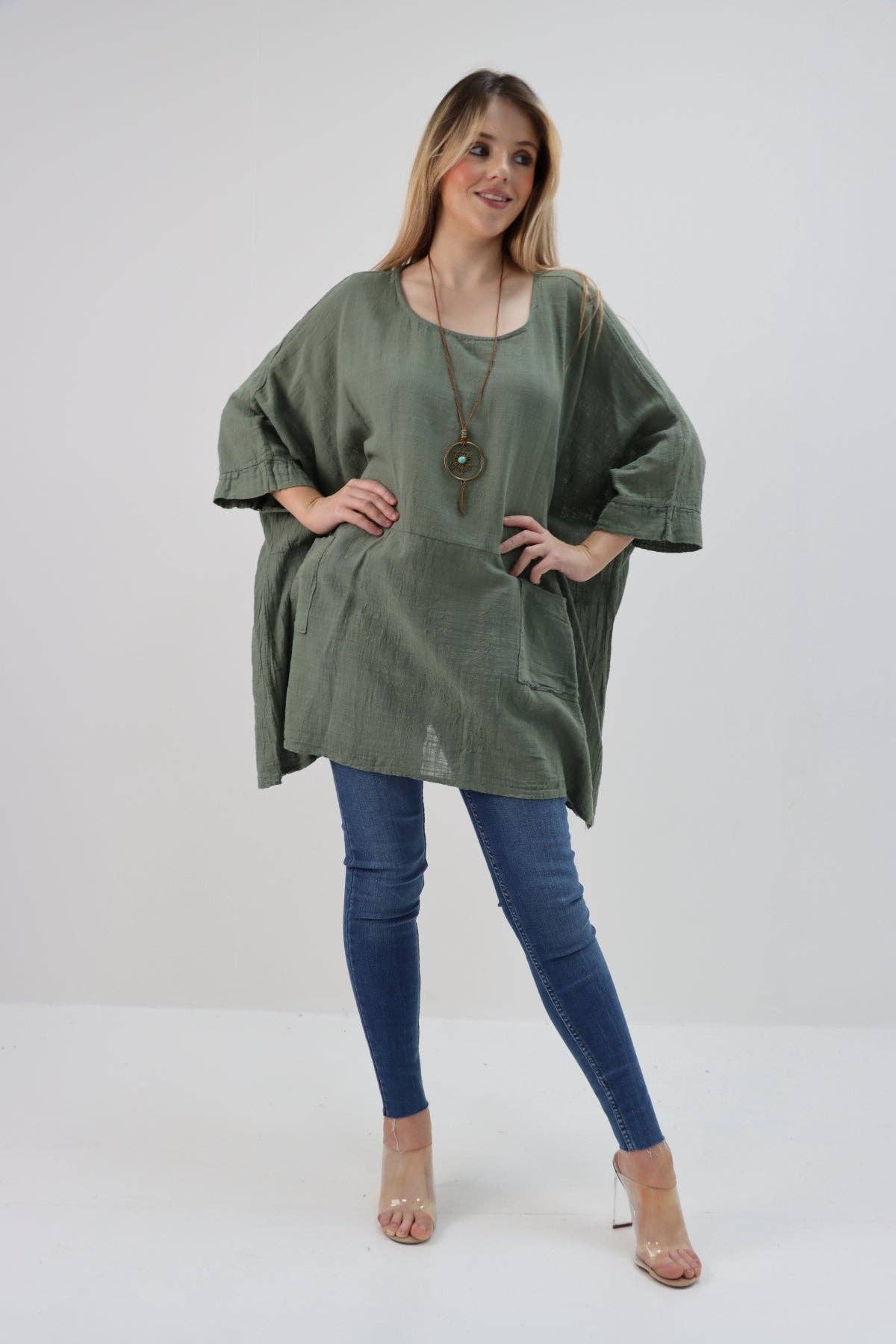 Italian Plain Cotton Necklace Batwing Boxy Top