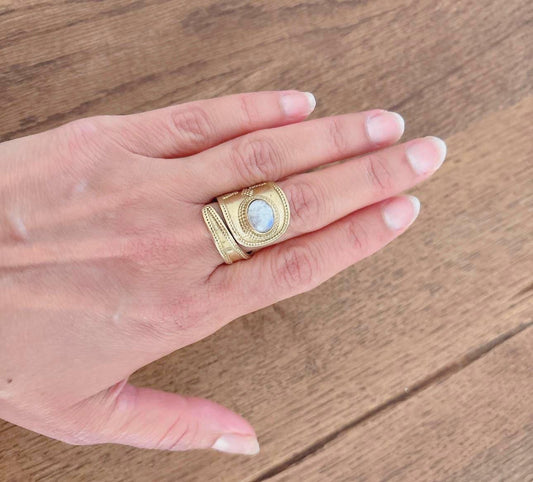 Handcrafted Brass Adjustable Rings with Moonstone – Ethnic Boho Design.