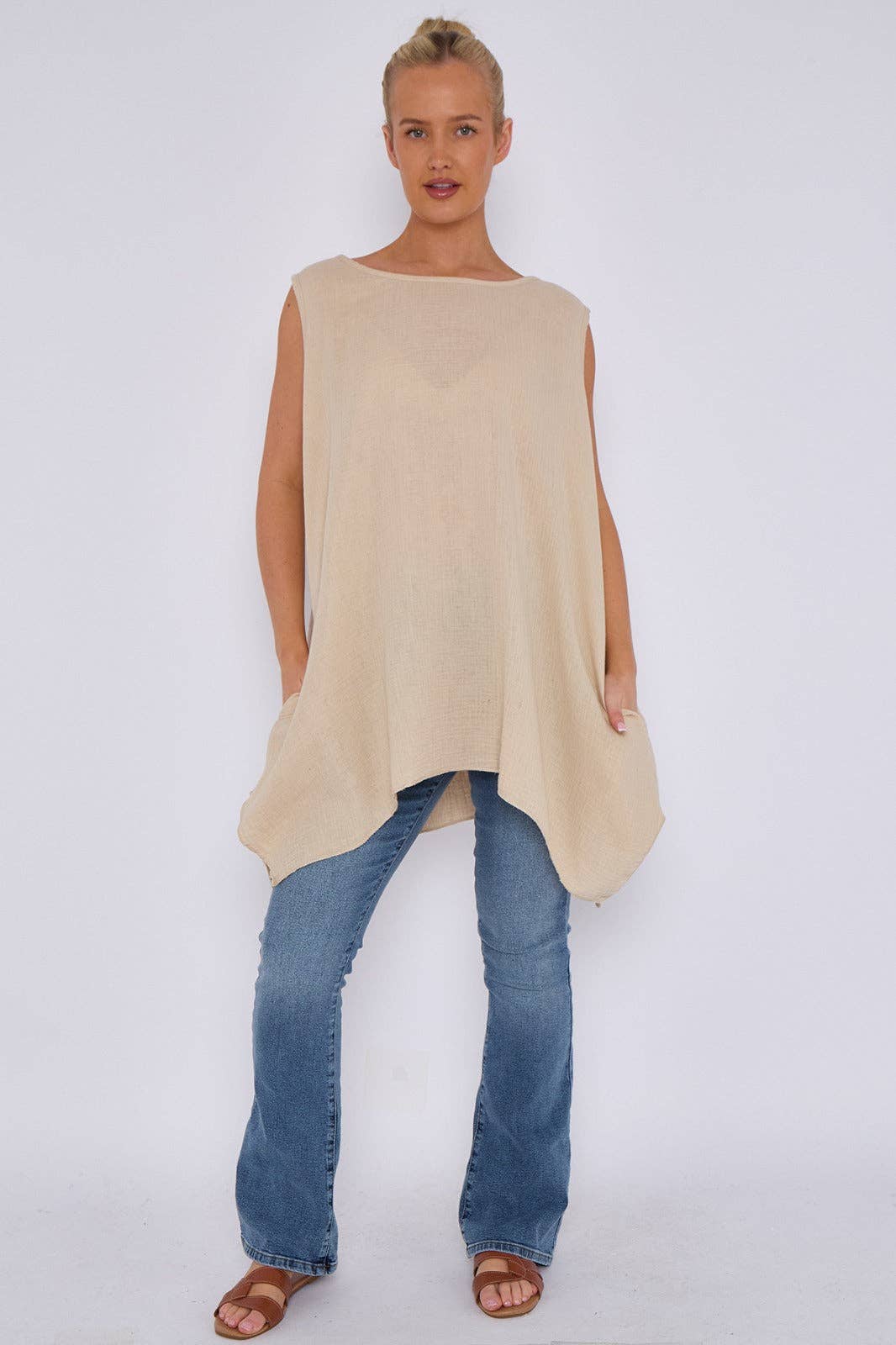 Italian Sleeveless Cheesecloth Cotton Tunic Top