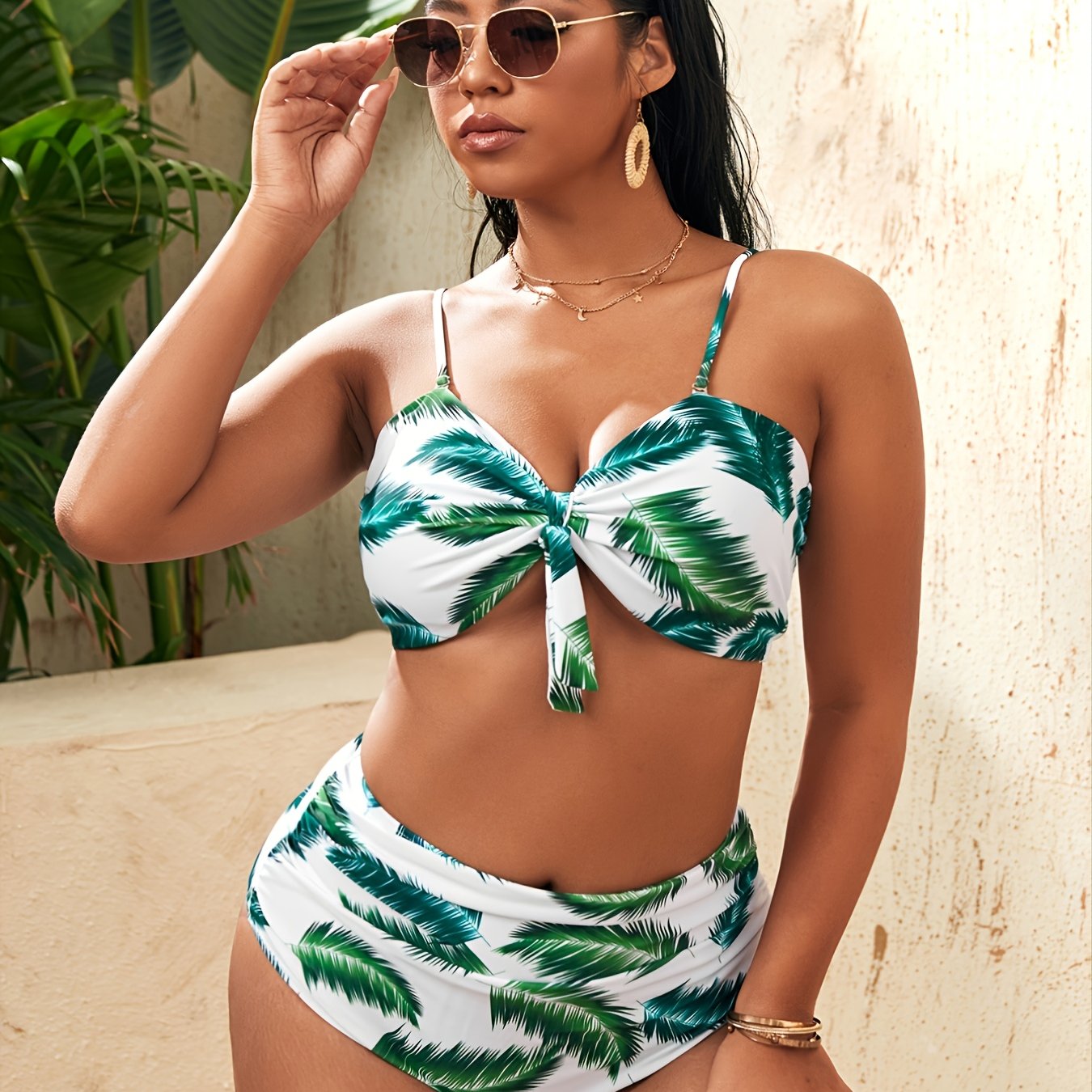 Print Plus Size Bikini Set - High-Stretch, Removable Pads, Backless Design with Golden Accents, Perfect for Vacation, Beachwear|Vacation Style|Highstretch Fabric