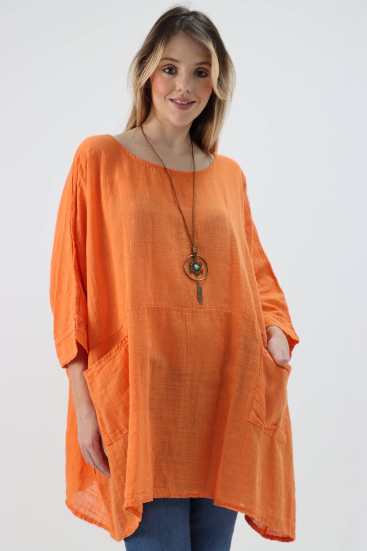 Italian Plain Cotton Necklace Batwing Boxy Top