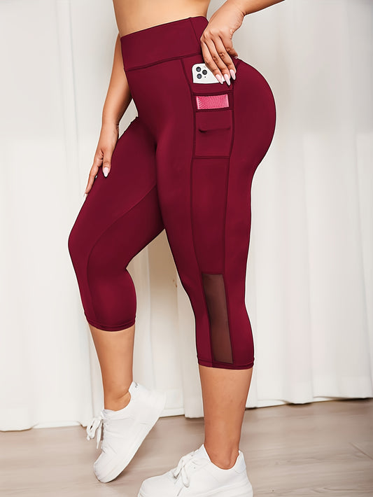 Plus Size Sports Capri Pants, Women's Plus Solid High Rise Slim Fit Running Yoga Capri Leggings With Phone Pockets