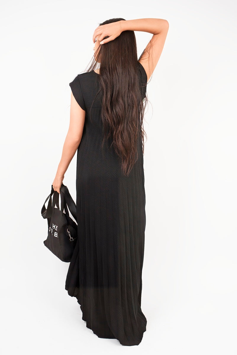 Pleated Cap Sleeve Maxi Dress