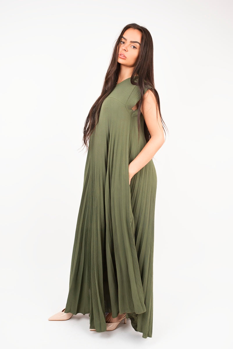 Pleated Cap Sleeve Maxi Dress