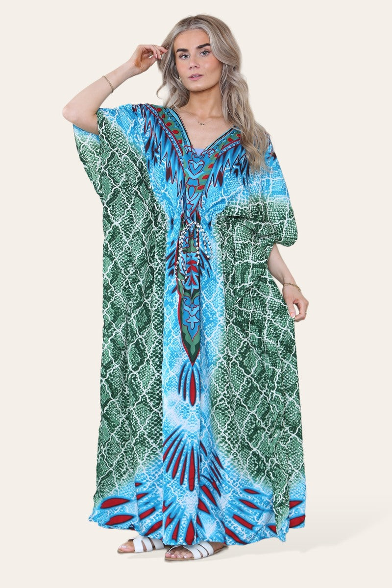 Elegant Long Caftan with Vibrant Green Geometric Print and Adjustable Cinched Waist