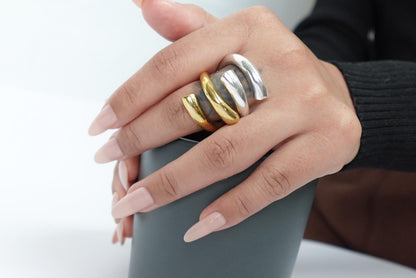 Boho Thick Band Statement Ring - Brass/Silver Adjustable Ring.