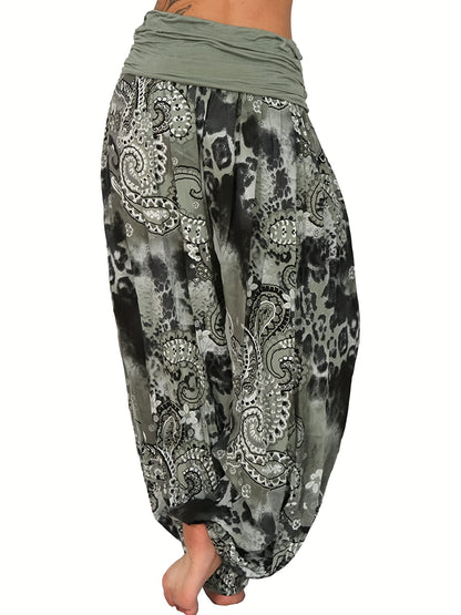Plus Size Boho Pants, Women's Plus Paisley Print Ruched High Waist Baggy Harem Pants