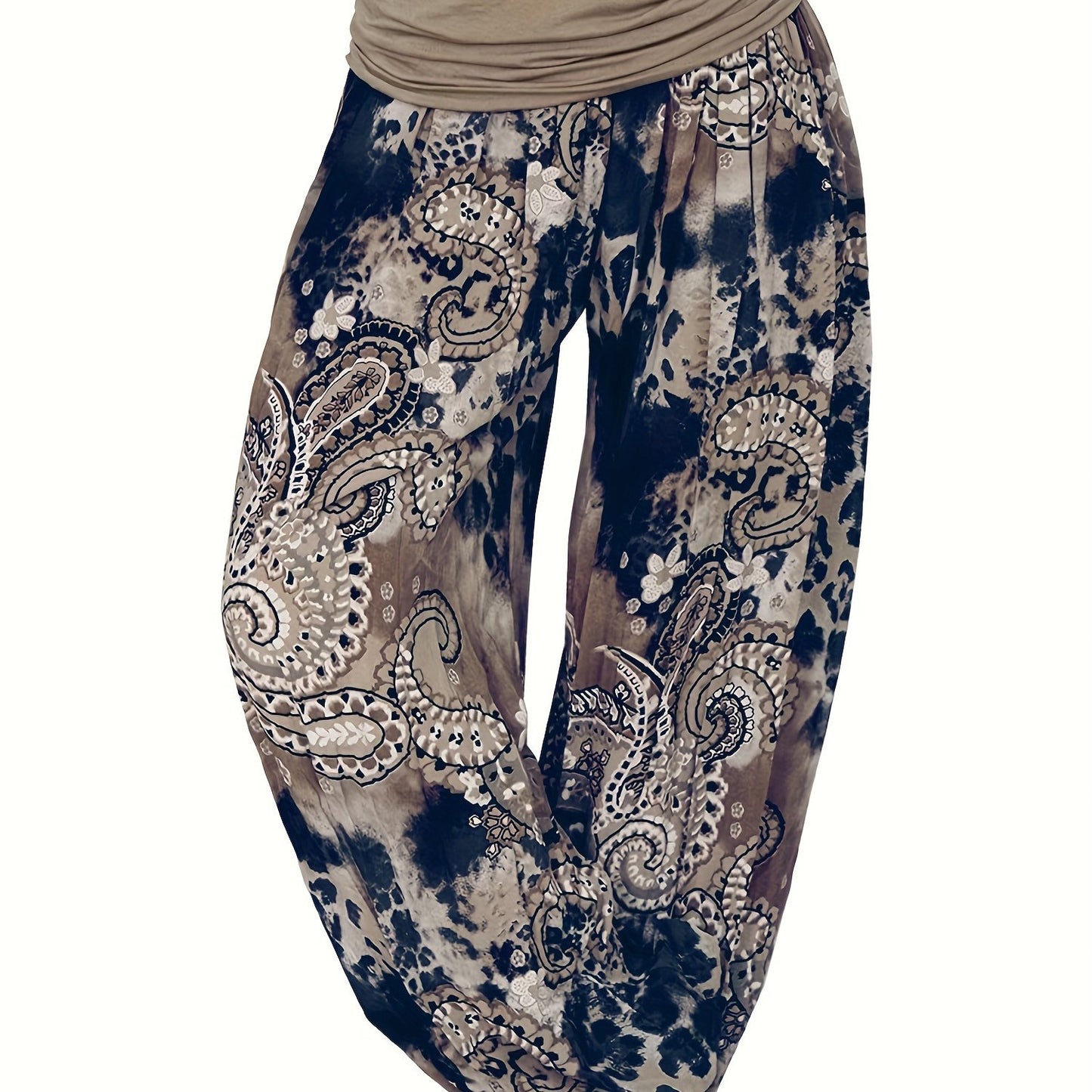 Plus Size Boho Pants, Women's Plus Paisley Print Ruched High Waist Baggy Harem Pants