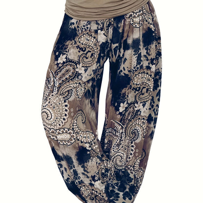 Plus Size Boho Pants, Women's Plus Paisley Print Ruched High Waist Baggy Harem Pants