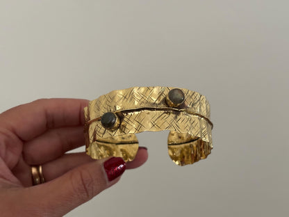 Textured Gold Cuff Bracelet with Gemstone Accents – Handcrafted Adjustable Wrap Design.