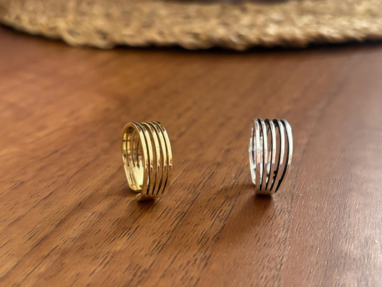 Textured Brass Wrap Ring Duo – Gold/Silver Adjustable Boho Statement Rings.