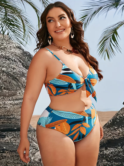Plus Size Boho Bikini Set, Women's Plus Leaf Print Open Front Cover Up & Knot Front Bra & High Rise Panty Swimsuit 3 Piece Set