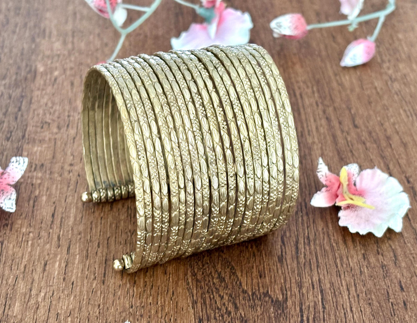 Hammered Gold Finish Stack Cuff – Adjustable Brass Bangles Set.