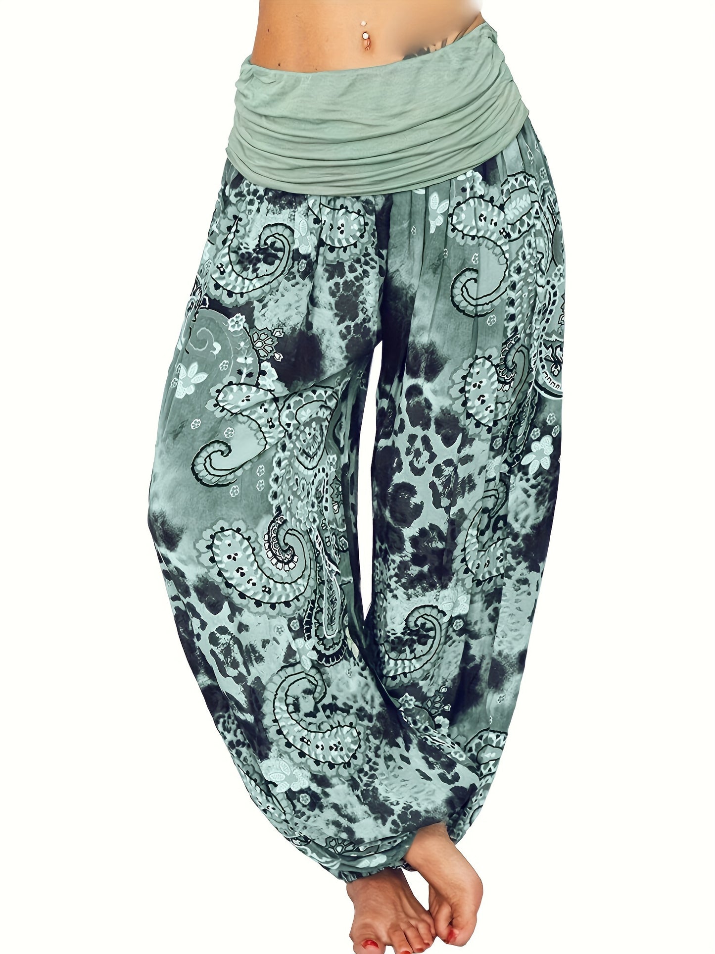Plus Size Boho Pants, Women's Plus Paisley Print Ruched High Waist Baggy Harem Pants