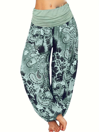 Plus Size Boho Pants, Women's Plus Paisley Print Ruched High Waist Baggy Harem Pants