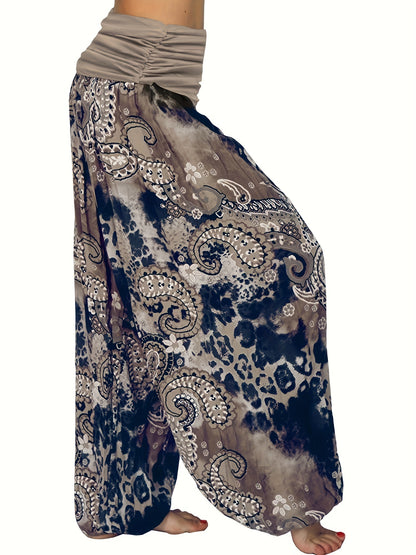 Plus Size Boho Pants, Women's Plus Paisley Print Ruched High Waist Baggy Harem Pants