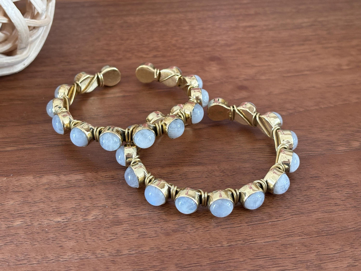 Moonstone Cuff Bangles – Adjustable Brass Bracelets with Natural Stones.