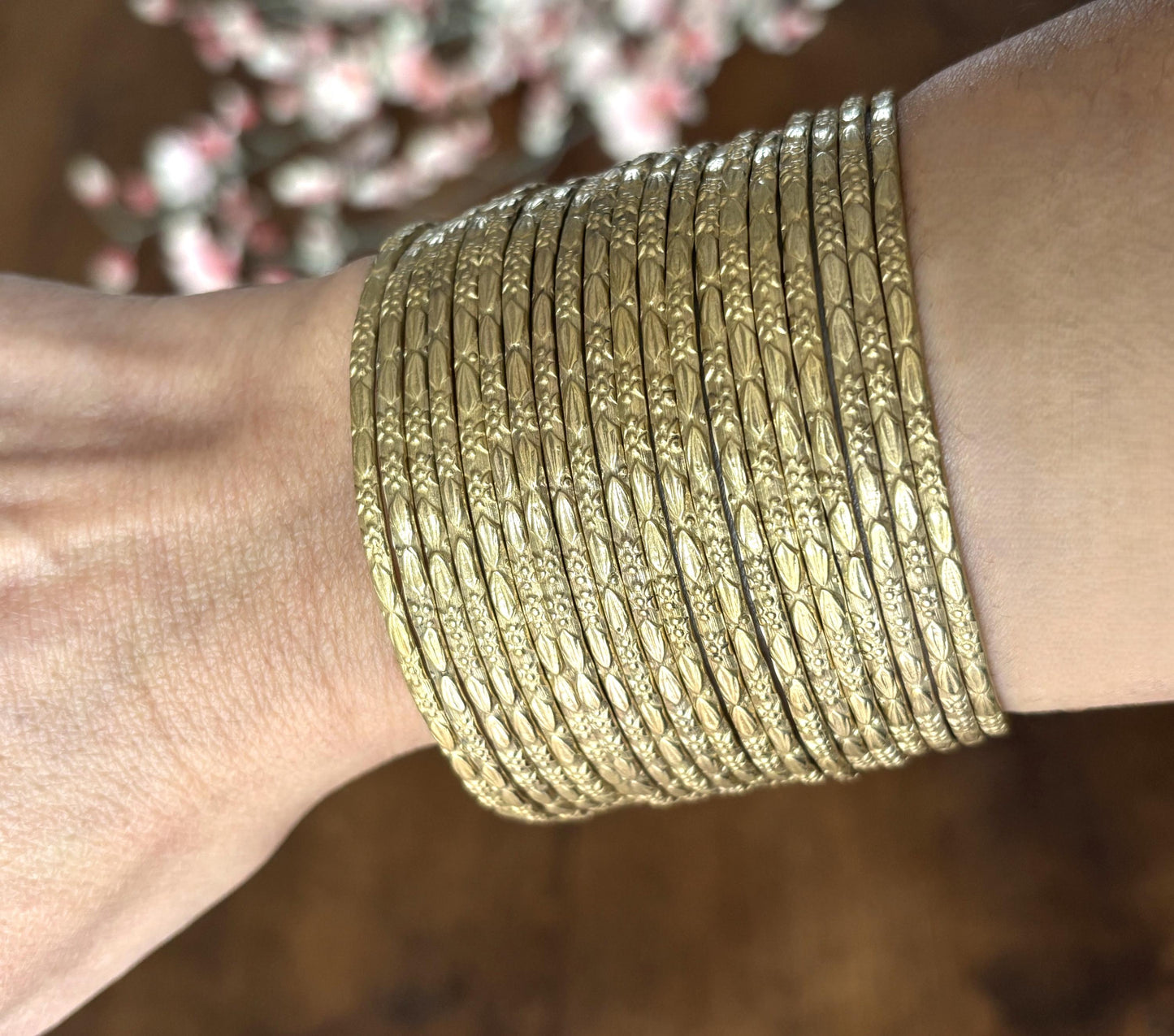 Hammered Gold Finish Stack Cuff – Adjustable Brass Bangles Set.