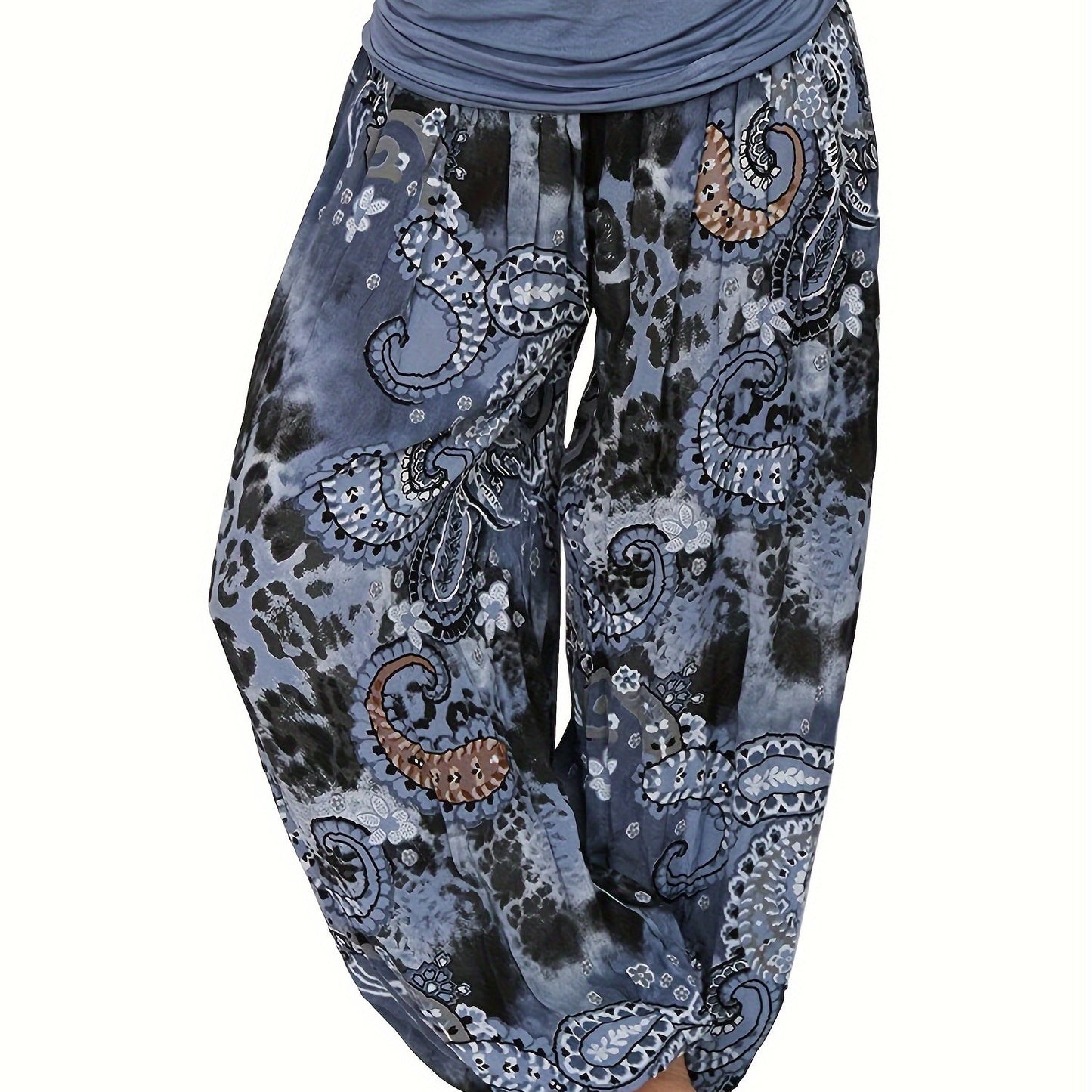 Plus Size Boho Pants, Women's Plus Paisley Print Ruched High Waist Baggy Harem Pants