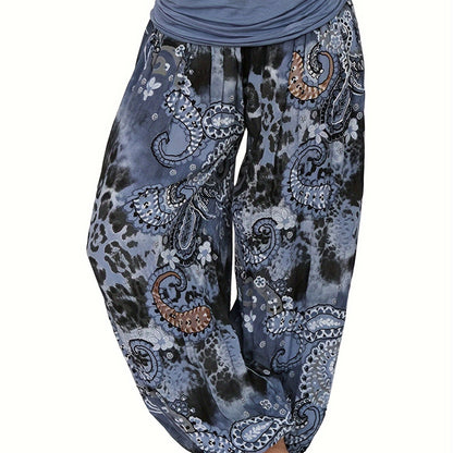 Plus Size Boho Pants, Women's Plus Paisley Print Ruched High Waist Baggy Harem Pants