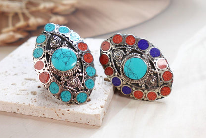 Bohemian Turquoise Statement Rings with Multicolor Inlays.