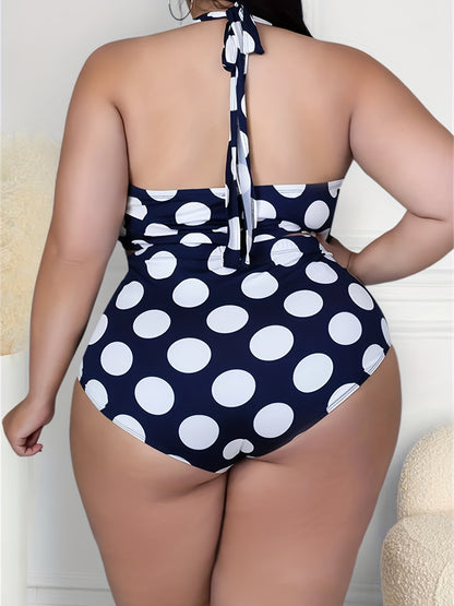 Plus Size Retro Bikini Set, Women's Plus Polka Dot Print Halter Neck Tie Front Backless Top & Underwear Swimsuit Two Piece Set