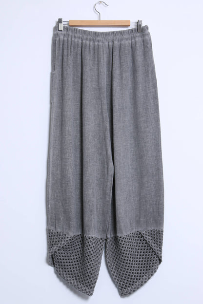 Mesh-bottom pants in cotton linen
