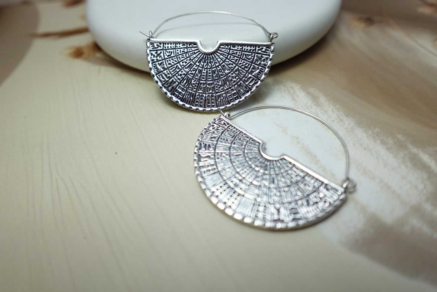 Half-Fan Brass Earrings – Ancient Mandala Statement Hoops.