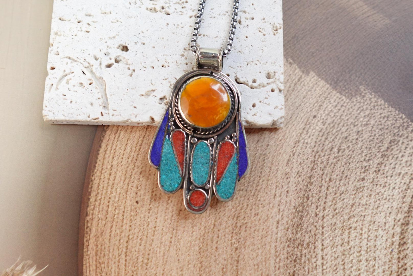 Hamsa Pendant, Tibetan Nepal, Amber, Lapis, Turquoise, Coral Stone Pendant, Fatima Hands hand of Fatima.