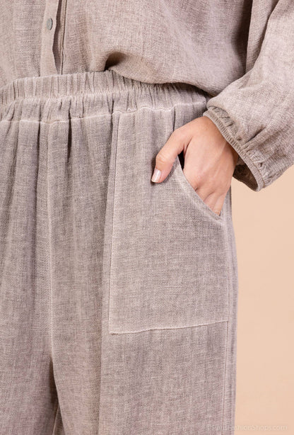 Mesh-bottom pants in cotton linen