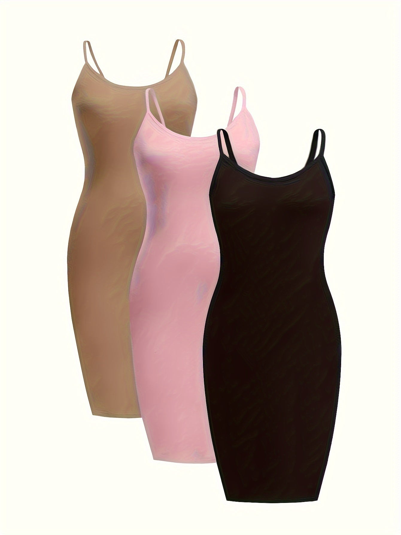 [3 Pack Plus Size Cami Dress] 3 Pack Plus Size Basic Dress Set, Women's Plus Solid Round Neck Medium Stretch Slim Fit Cami Dress Three Piece Set
