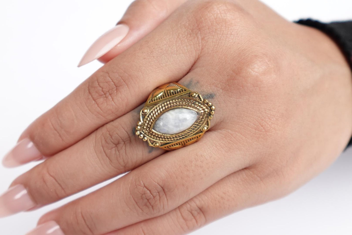 Large Moonstone Rings, Brass Rings, Large Boho Rings.