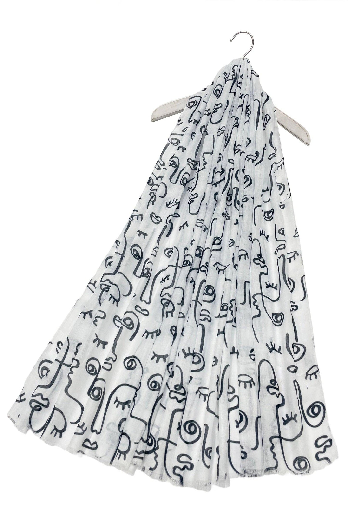 Abstract Face Print Frayed Scarf: White