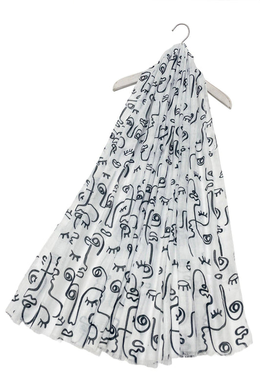 Abstract Face Print Frayed Scarf: White