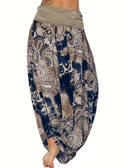 Plus Size Boho Pants, Women's Plus Paisley Print Ruched High Waist Baggy Harem Pants