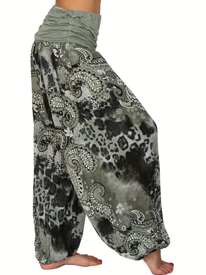 Plus Size Boho Pants, Women's Plus Paisley Print Ruched High Waist Baggy Harem Pants