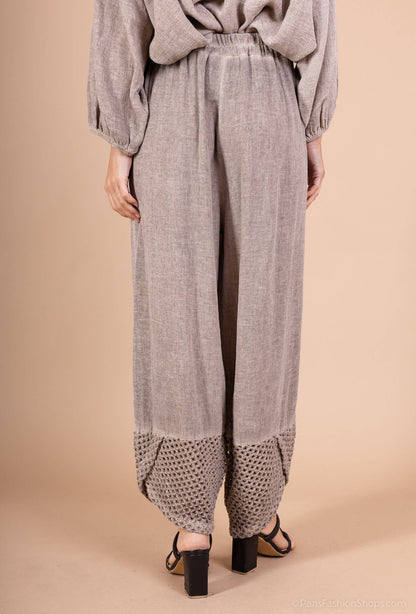 Mesh-bottom pants in cotton linen