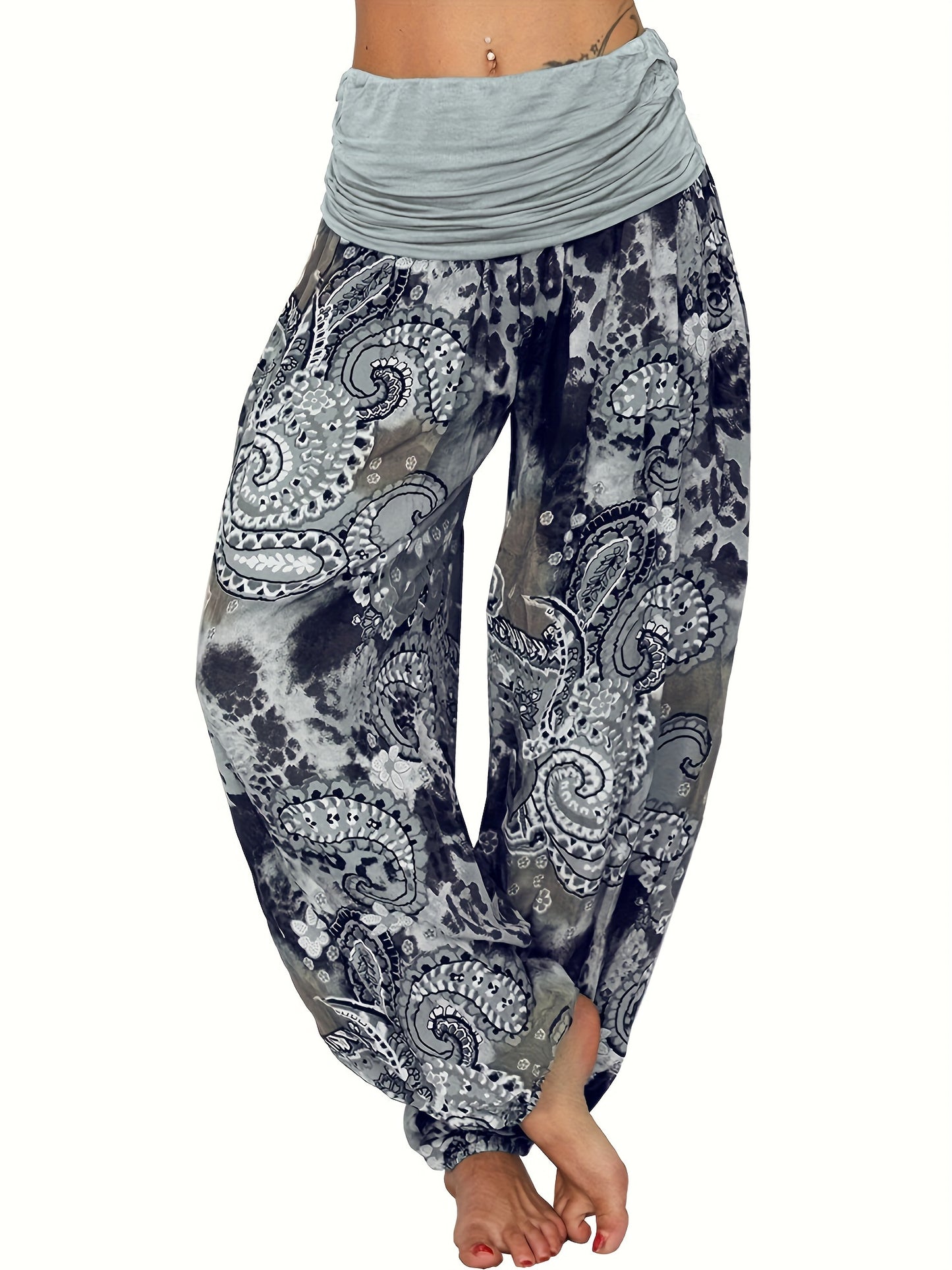 Plus Size Boho Pants, Women's Plus Paisley Print Ruched High Waist Baggy Harem Pants