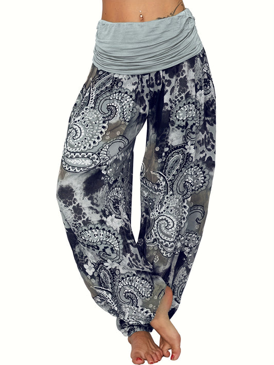 Plus Size Boho Pants, Women's Plus Paisley Print Ruched High Waist Baggy Harem Pants