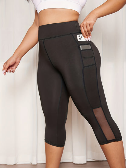 Plus Size Sports Capri Pants, Women's Plus Solid High Rise Slim Fit Running Yoga Capri Leggings With Phone Pockets