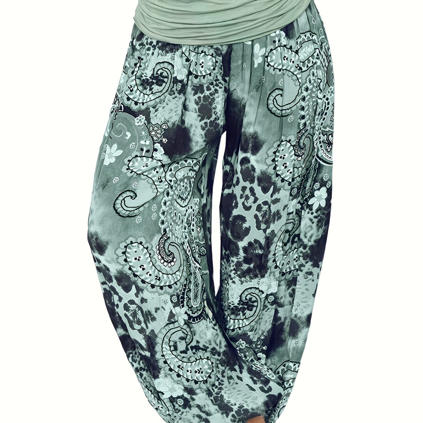 Plus Size Boho Pants, Women's Plus Paisley Print Ruched High Waist Baggy Harem Pants