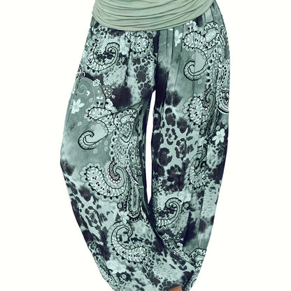Plus Size Boho Pants, Women's Plus Paisley Print Ruched High Waist Baggy Harem Pants