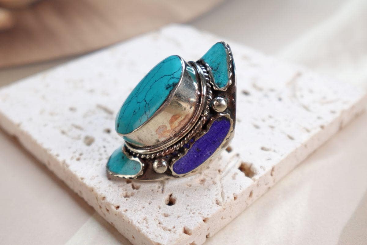 Large Ethnic Tibetan Silver Rings, Turquoise, Coral & Lapis Inlay Rings.