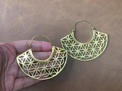 Geometric Petal Hoops – Brass Cutwork Mandala Earrings.