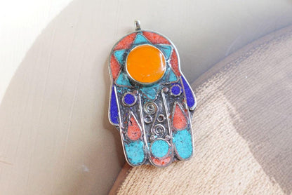Large Hamsa Pendant, Tibetan Nepal, Amber, Lapis, Turquoise, Coral Stone Pendant, Fatima Hands hand of Fatima.