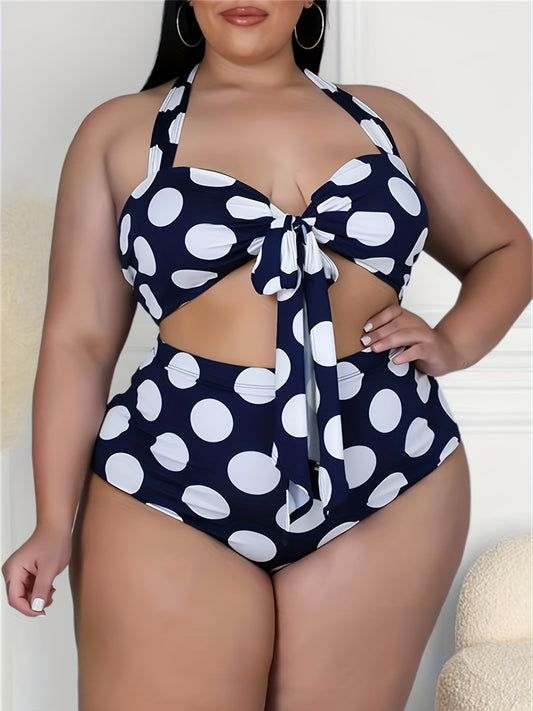 Plus Size Retro Bikini Set, Women's Plus Polka Dot Print Halter Neck Tie Front Backless Top & Underwear Swimsuit Two Piece Set