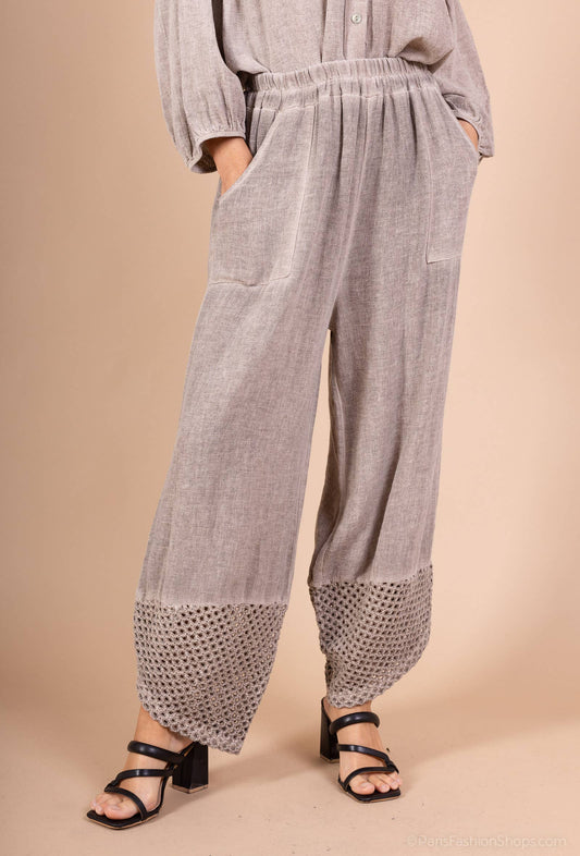 Mesh-bottom pants in cotton linen