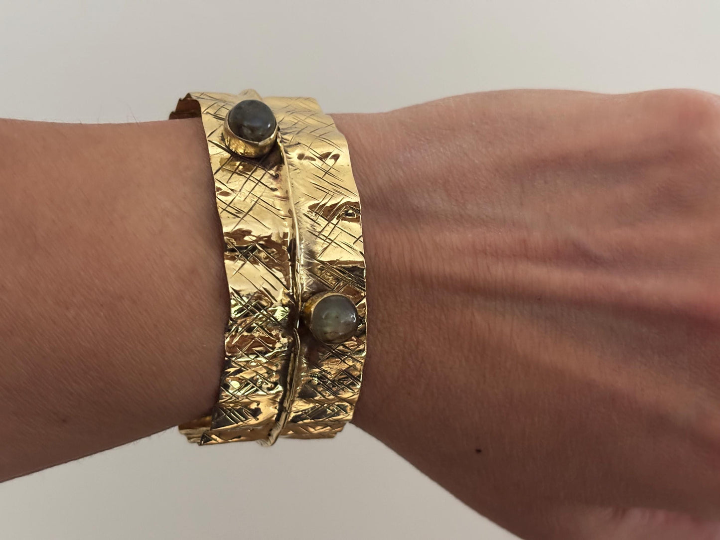 Textured Gold Cuff Bracelet with Gemstone Accents – Handcrafted Adjustable Wrap Design.
