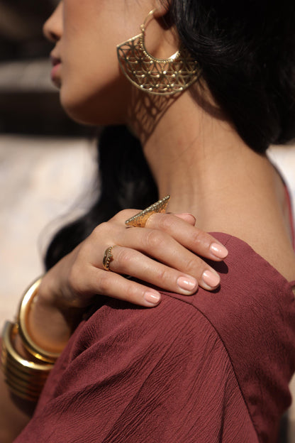 Geometric Petal Hoops – Brass Cutwork Mandala Earrings.