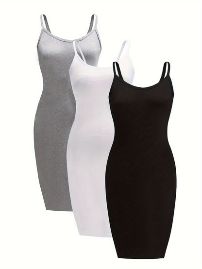 [3 Pack Plus Size Cami Dress] 3 Pack Plus Size Basic Dress Set, Women's Plus Solid Round Neck Medium Stretch Slim Fit Cami Dress Three Piece Set